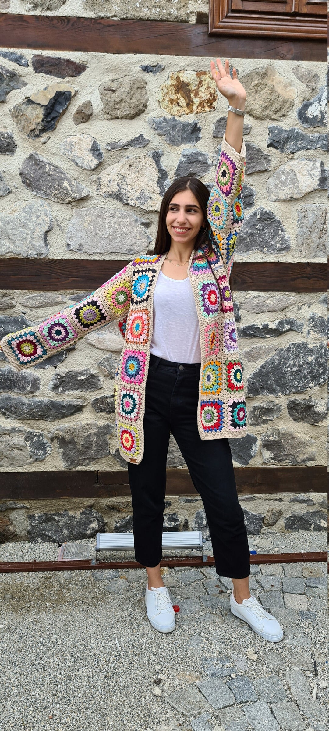 Granny square afghan cardigan, Crochet afghan sweater, ecru patchwork cardigan, boho coat, crochet cardigan, unique cardigan, crochet coat