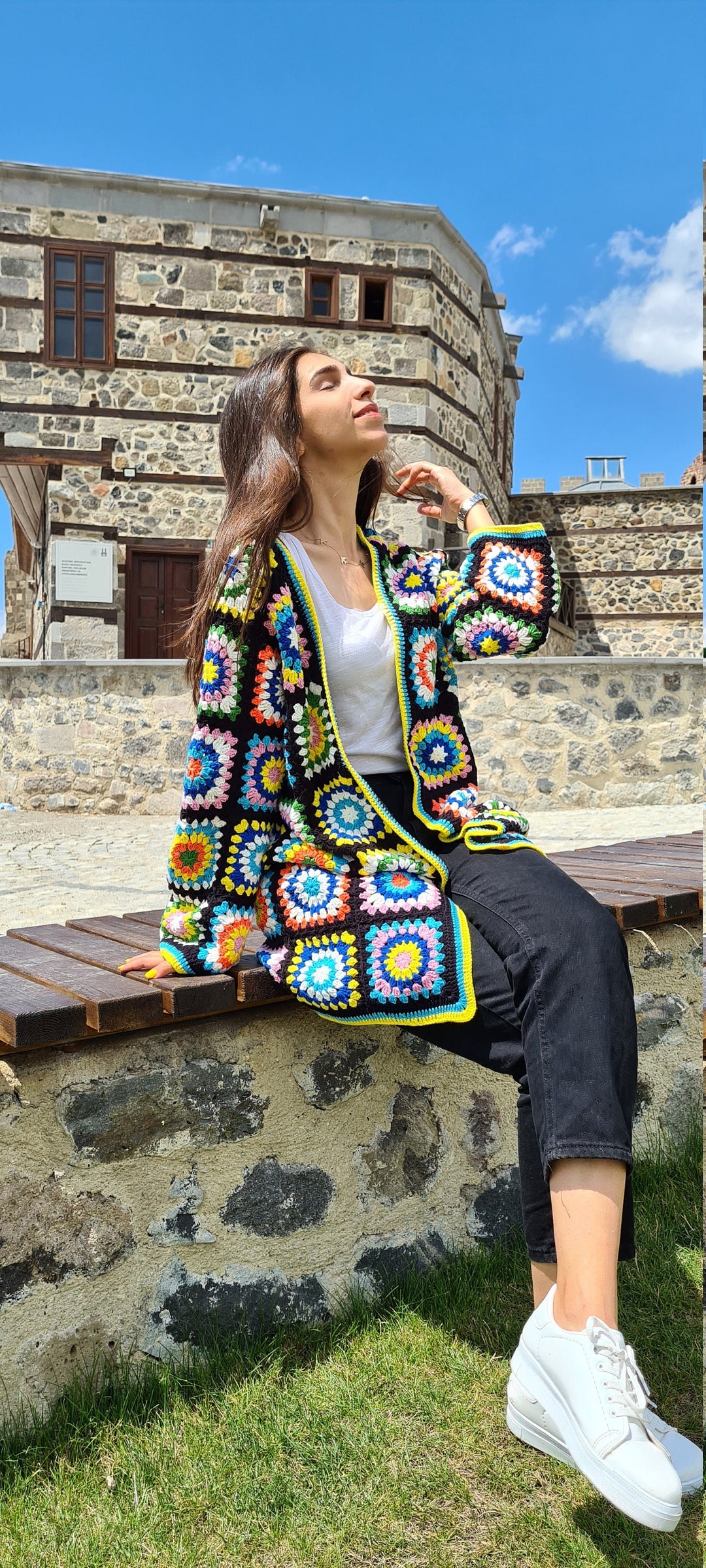 Granny Square Afghan Cardigan, Knitted Crochet Coat, Cotton Patchwork Cardigan, Hippi Jacket, Boho Cardigan, Long Oversized Sweater