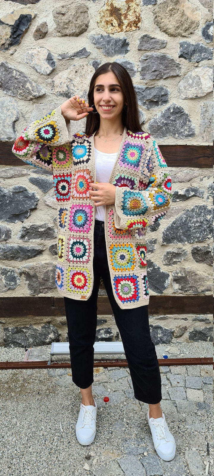 Granny square afghan cardigan, Crochet afghan sweater, ecru patchwork cardigan, boho coat, crochet cardigan, unique cardigan, crochet coat