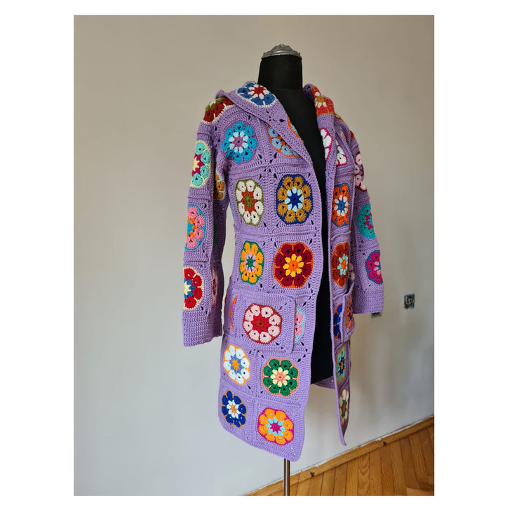 Granny Square Afghan Cardigan, Flowers Patchwork Jacket, Knitted Crochet Coat, Hooded Jacket, Boho Cardigan, Long Oversized Cardigan