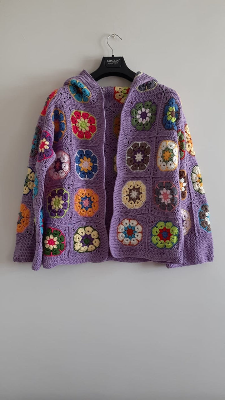 African Flowers Lilac Jacket, Knitted Floral Patchwork Jacket, Knitted Crochet Coat, Hooded Jacket, Boho Cardigan, Oversized Sweater