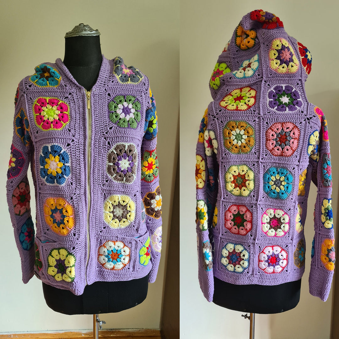 Black African Flowers Cardigan, Crochet Floral Patchwork Jacket, Knitted Crochet Coat, Hooded Jacket, Boho Cardigan, Oversized Sweater