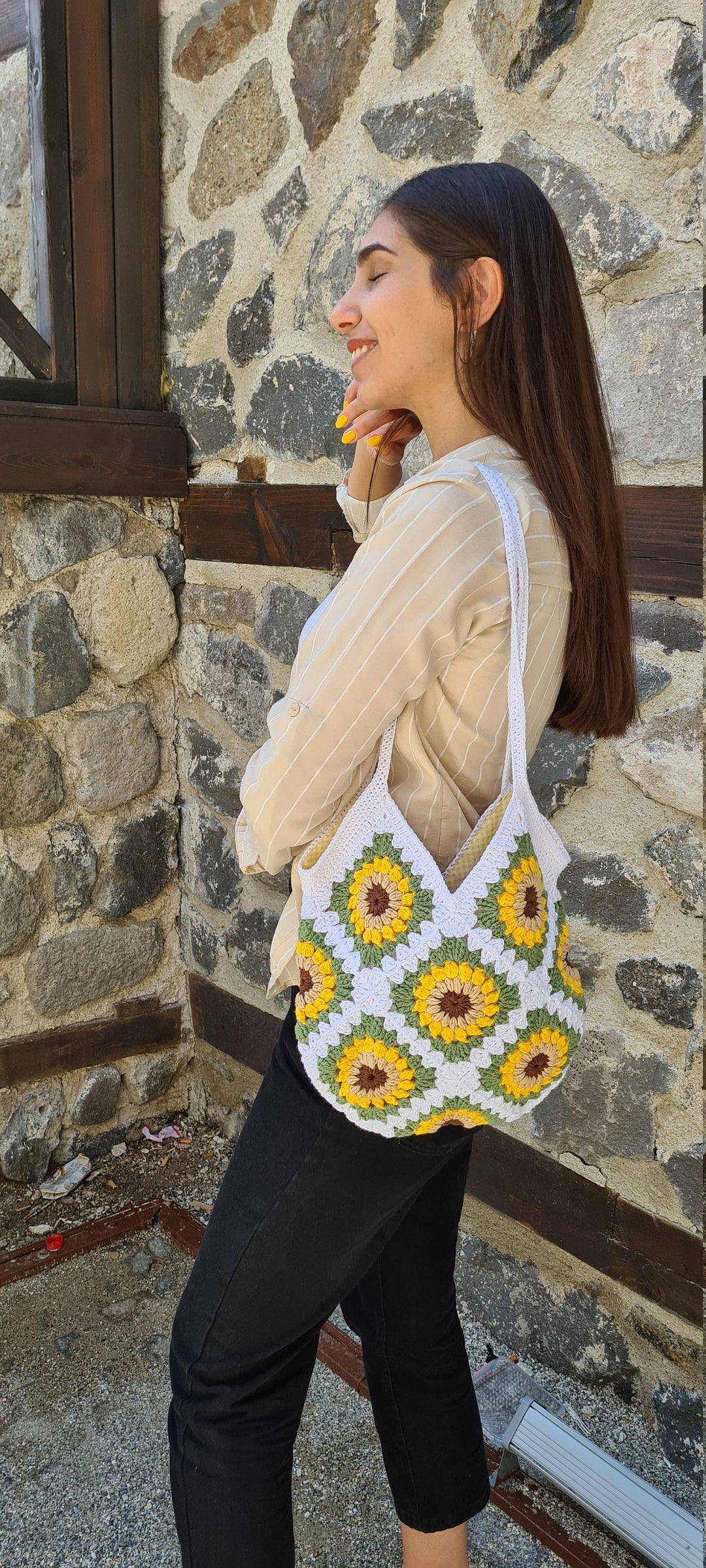 Crochet Sunflower Bags, HandKnit Daisy Bag, Granny Square Bag, Crochet Afghan Bag, Flower Bag, Crochet Purse, Retro Bag, Hippie Bag