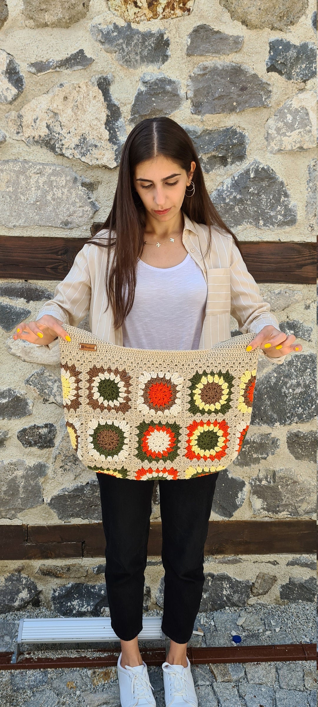 Crochet Patchwork Bag, Sunflower Crochet Shoulder Bag, Brown Festival Bag, HandKnit Boho Bag, Crochet Purse, Retro Bag, Afgan Crochet