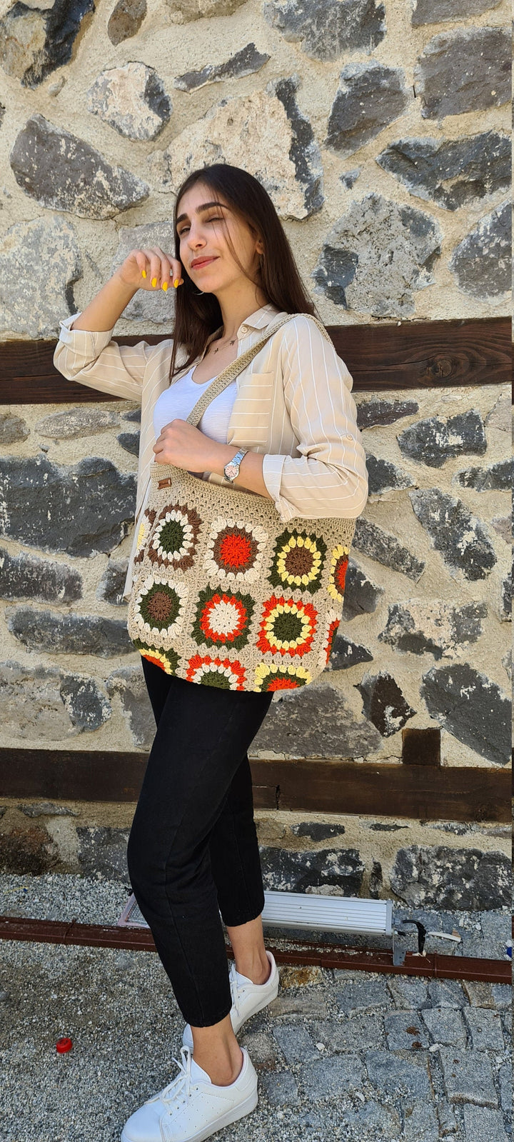 Crochet Patchwork Bag, Sunflower Crochet Shoulder Bag, Brown Festival Bag, HandKnit Boho Bag, Crochet Purse, Retro Bag, Afgan Crochet