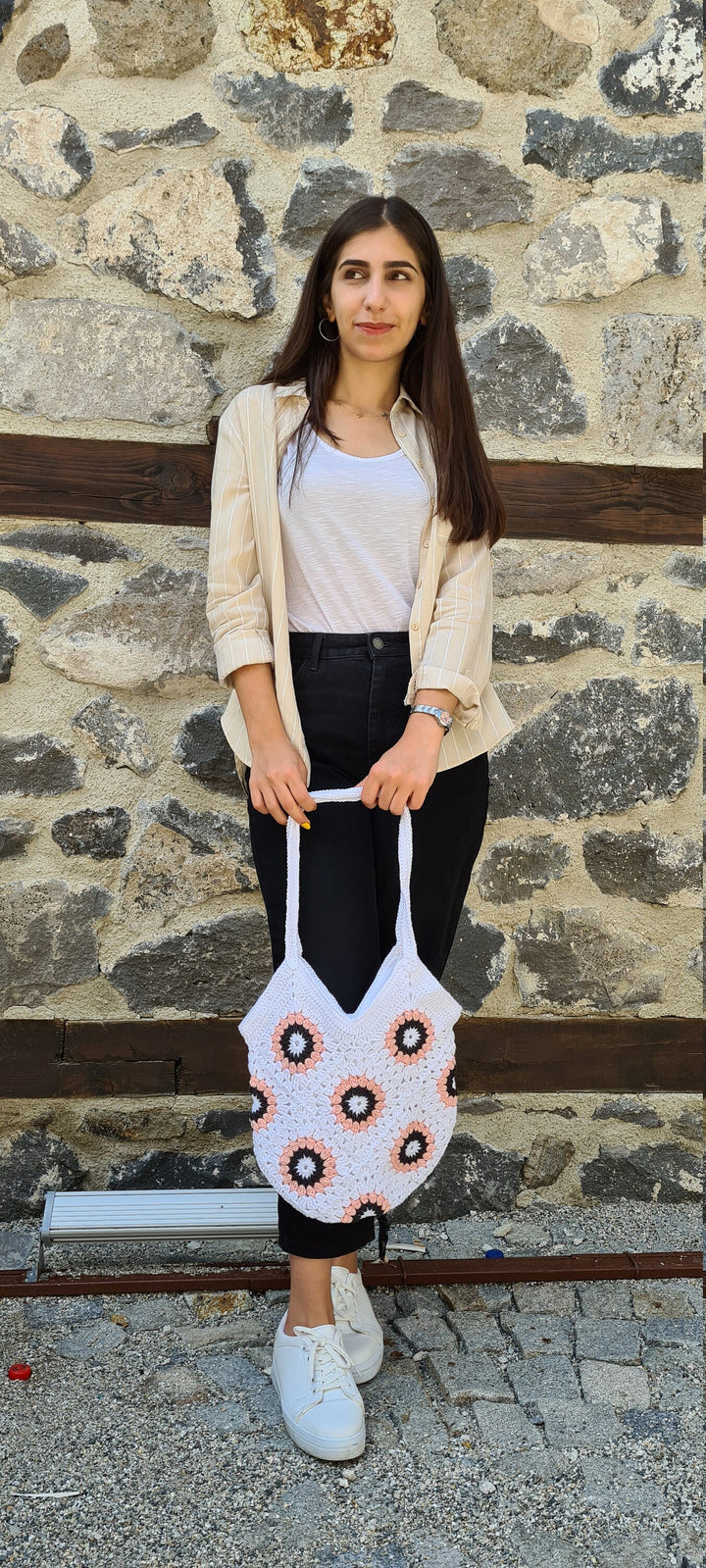 White Crochet Shoulder Bag, Summer Bag, Grannysquare Tote Bag, Crochet Purse, Handknit Bag, Mini Bag, Market Bag, Gift Her