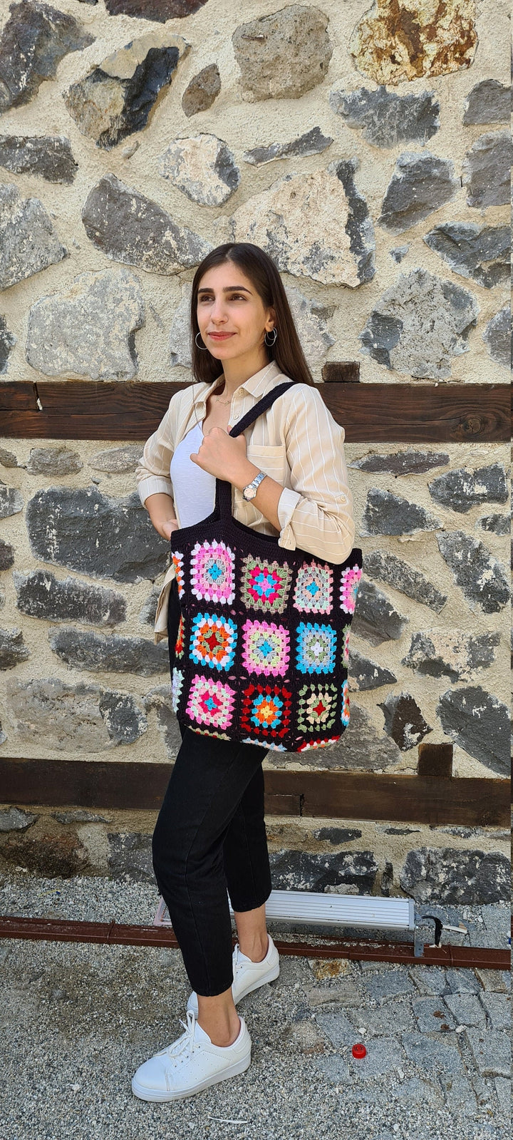 XXL Size Crochet Shoulder Bag, Extra Large Tote Bag, Afghan Crochet Bag, Knit Tote Bag, Granny Square Bag, Handmade Bag, Handknit Bag