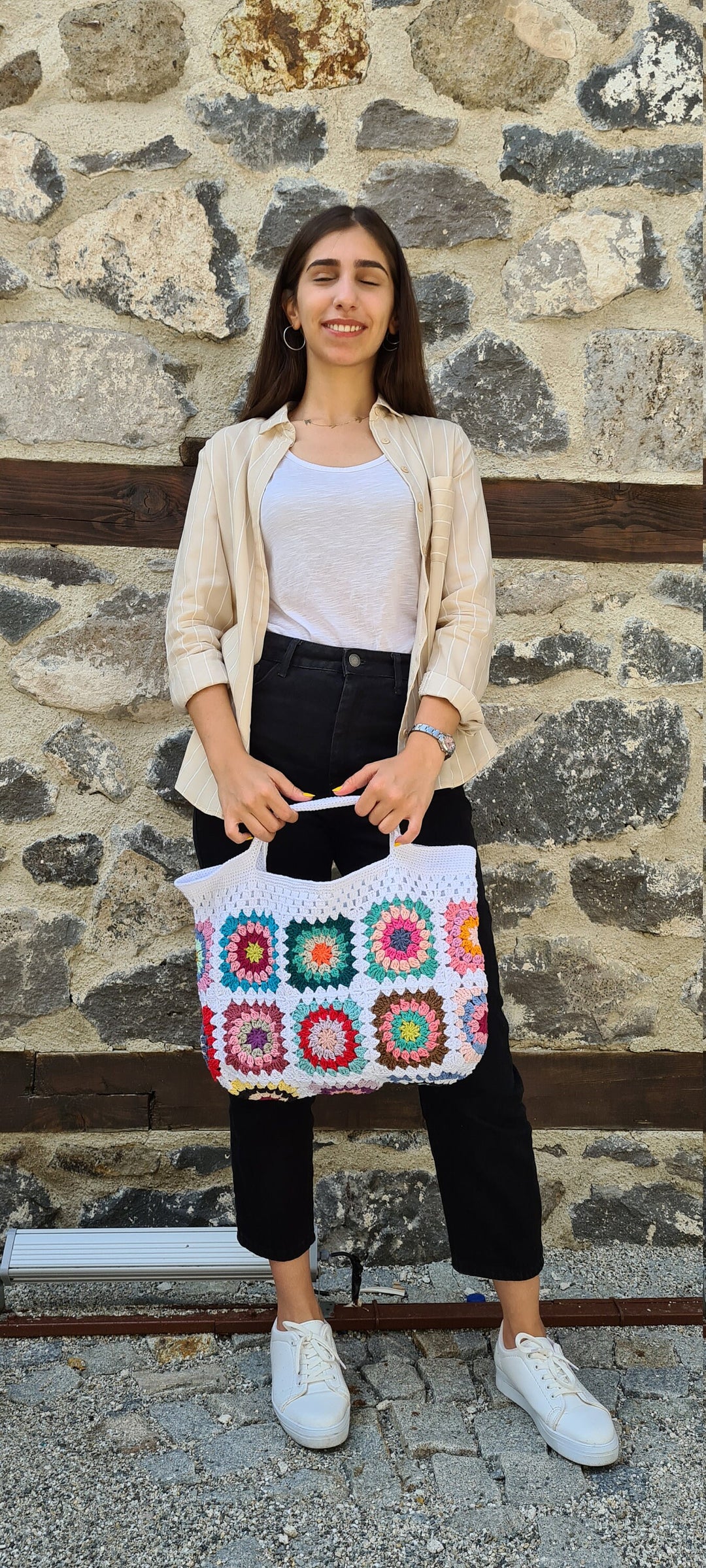 Crochet Afghan Tote Bag, Patchwork Handknit Women Bag, Granny Square Boho Bag, Crochet Purse, Summer Bag, Retro Bag, Afgan Crochet