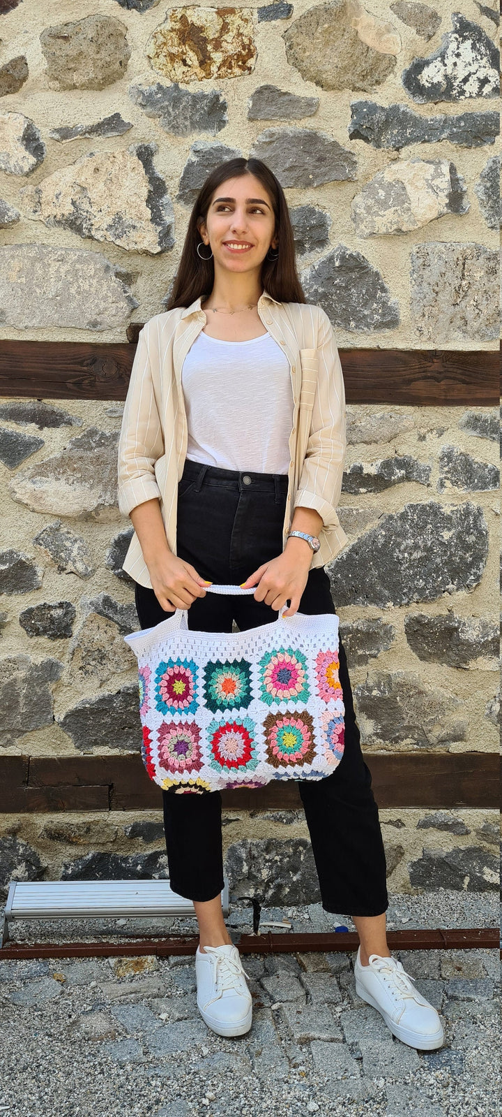 Crochet Afghan Tote Bag, Patchwork Handknit Women Bag, Granny Square Boho Bag, Crochet Purse, Summer Bag, Retro Bag, Afgan Crochet