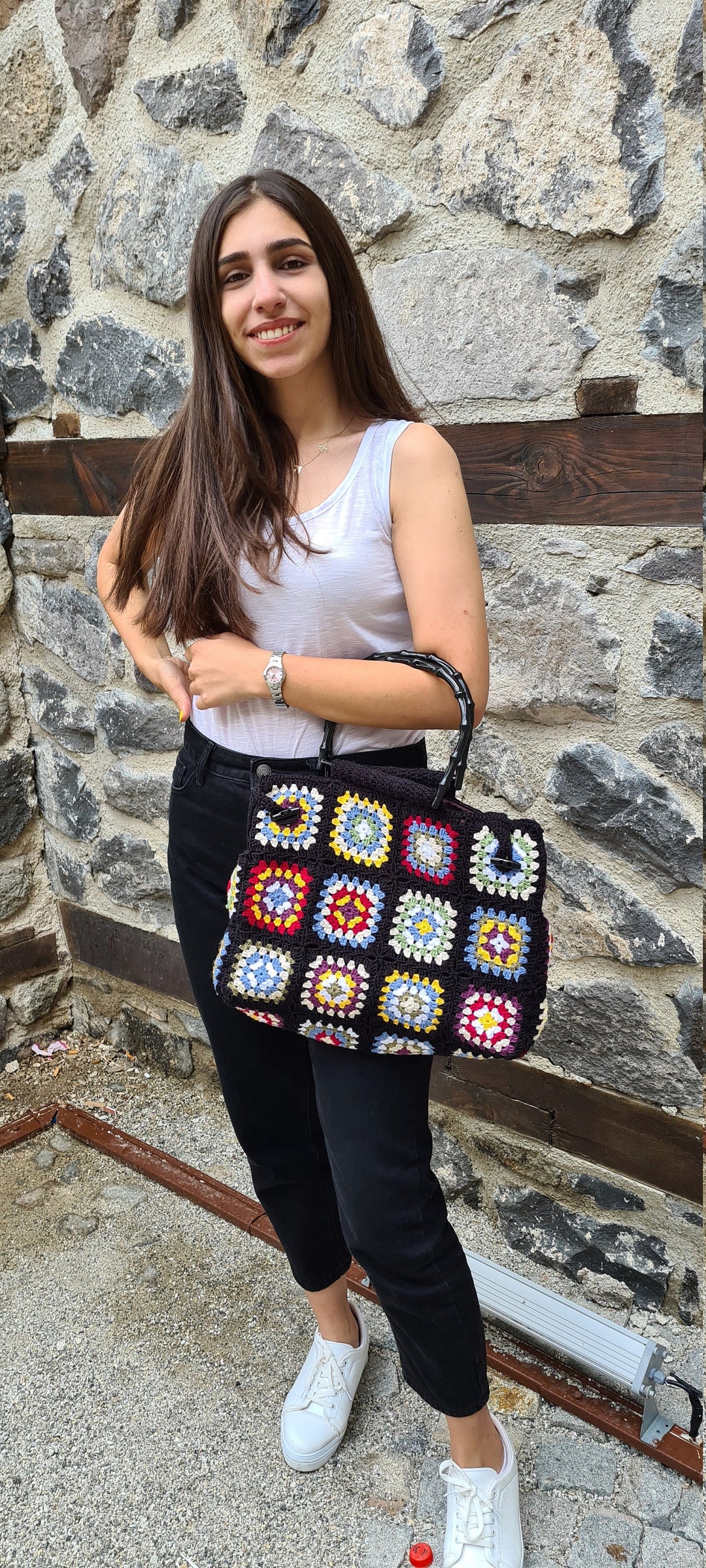 Crochet Afghan Toto Bag, Granny Square Black Bag, Hobo Bag, Boho Bag, Crochet Purse, Retro Bag, Hippie Bag, Afgan Crochet, Vintage Style