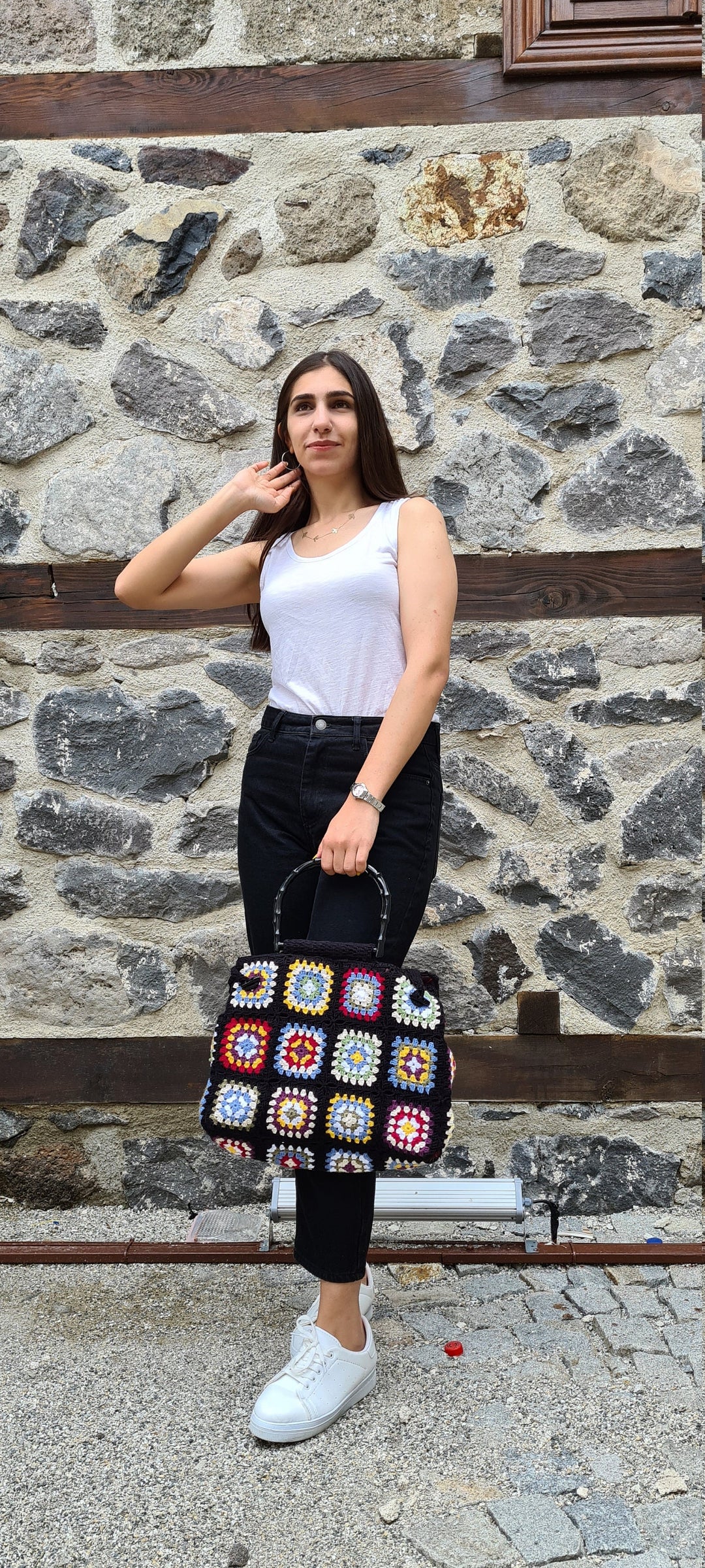 Crochet Afghan Toto Bag, Granny Square Black Bag, Hobo Bag, Boho Bag, Crochet Purse, Retro Bag, Hippie Bag, Afgan Crochet, Vintage Style