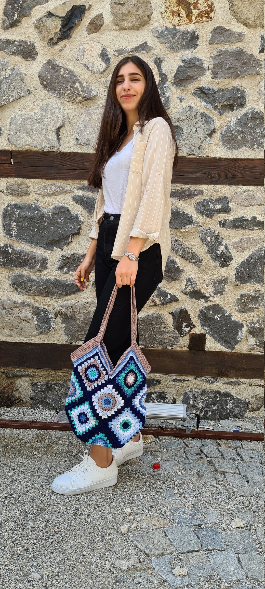 Blue Crochet Bag Afghan, Granny Square Bag, Hobo Bag, Boho Bag, Crochet Purse, Retro Bag, Hippie Bag, Bohemian Bag, Afgan Crochet