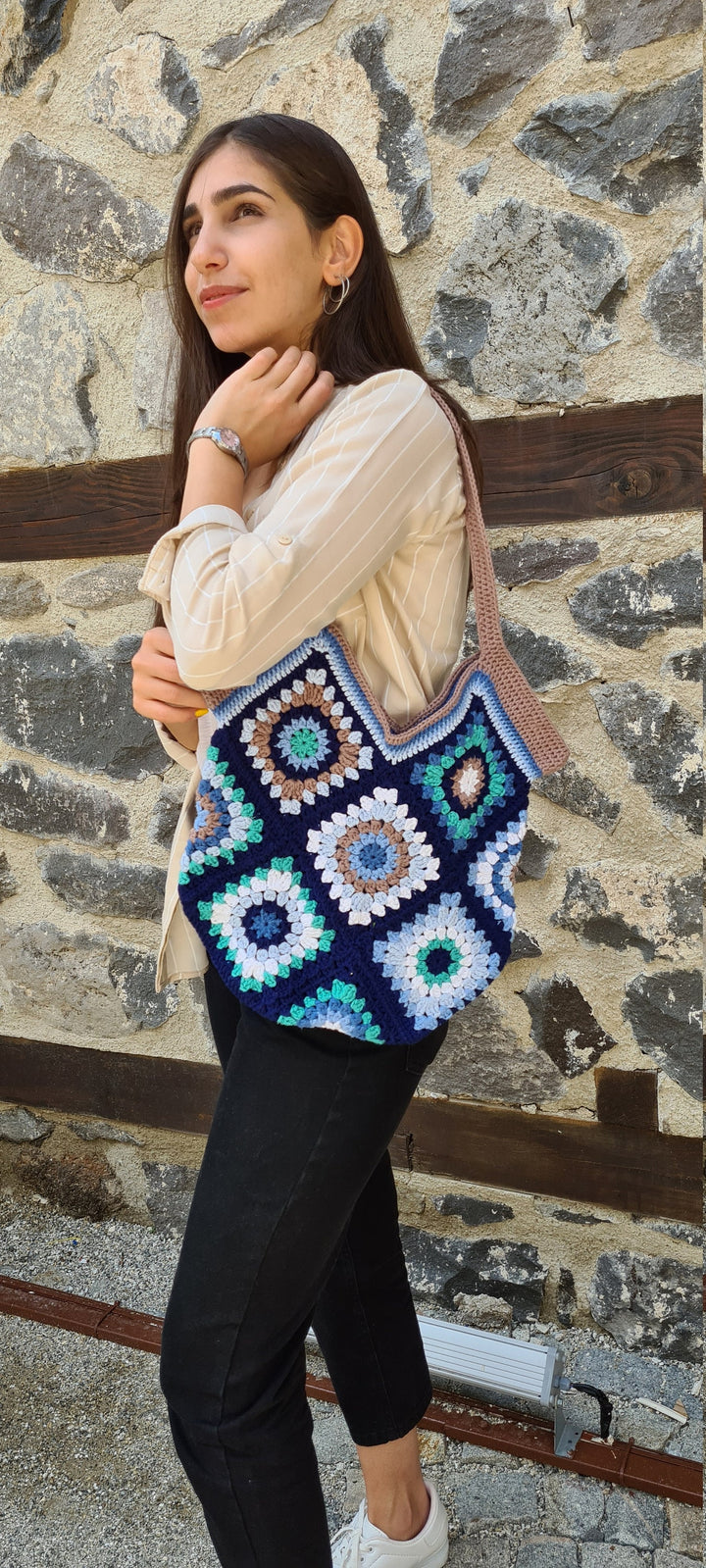 Blue Crochet Bag Afghan, Granny Square Bag, Hobo Bag, Boho Bag, Crochet Purse, Retro Bag, Hippie Bag, Bohemian Bag, Afgan Crochet