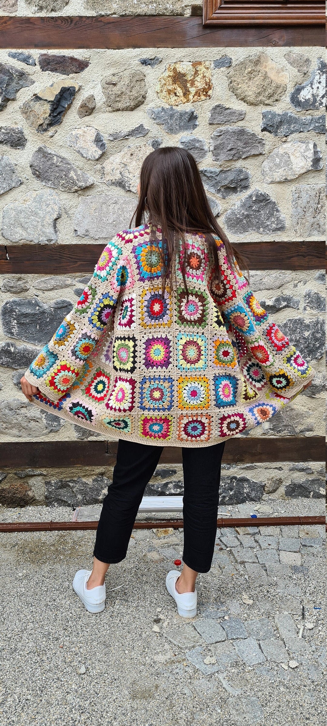 Granny square afghan cardigan, Crochet afghan sweater, ecru patchwork cardigan, boho coat, crochet cardigan, unique cardigan, crochet coat