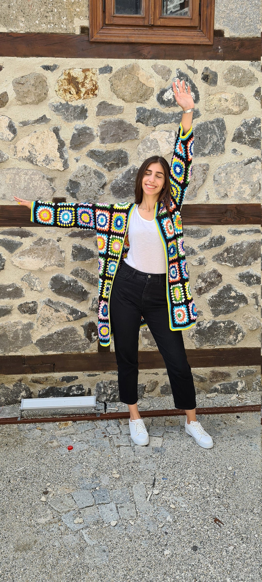 Granny Square Afghan Cardigan, Knitted Crochet Coat, Cotton Patchwork Cardigan, Hippi Jacket, Boho Cardigan, Long Oversized Sweater