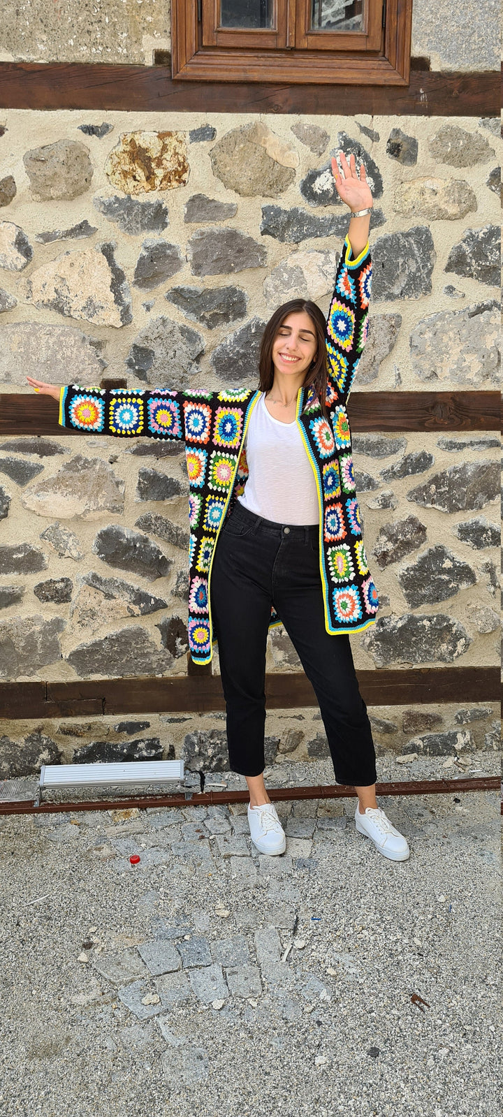 Granny Square Afghan Cardigan, Knitted Crochet Coat, Cotton Patchwork Cardigan, Hippi Jacket, Boho Cardigan, Long Oversized Sweater