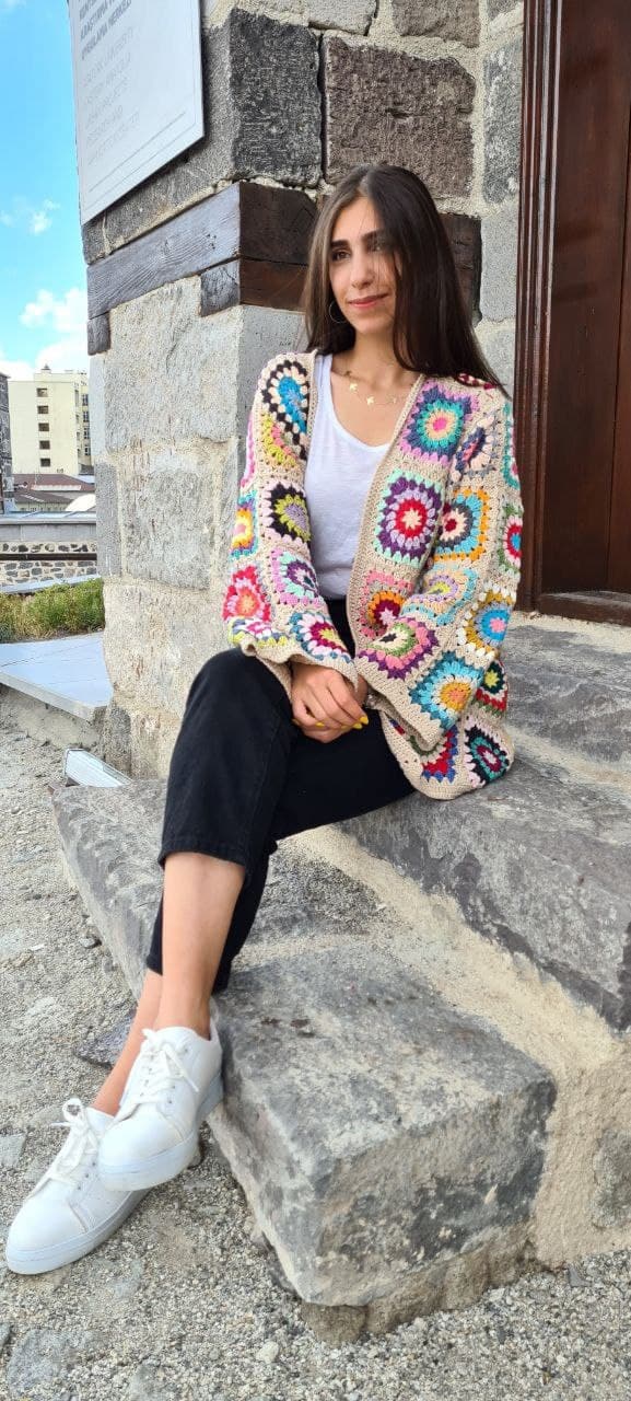 Granny square afghan cardigan, Crochet afghan sweater, ecru patchwork cardigan, boho coat, crochet cardigan, unique cardigan, crochet coat