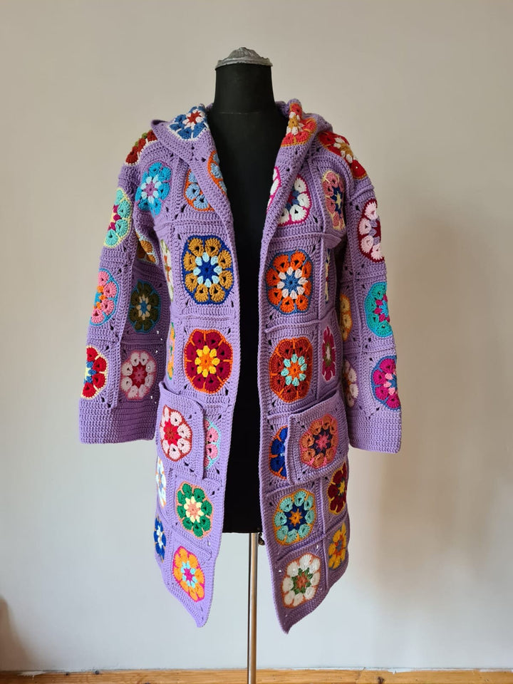 Granny Square Afghan Cardigan, Flowers Patchwork Jacket, Knitted Crochet Coat, Hooded Jacket, Boho Cardigan, Long Oversized Cardigan