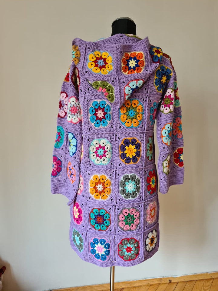 Granny Square Afghan Cardigan, Flowers Patchwork Jacket, Knitted Crochet Coat, Hooded Jacket, Boho Cardigan, Long Oversized Cardigan