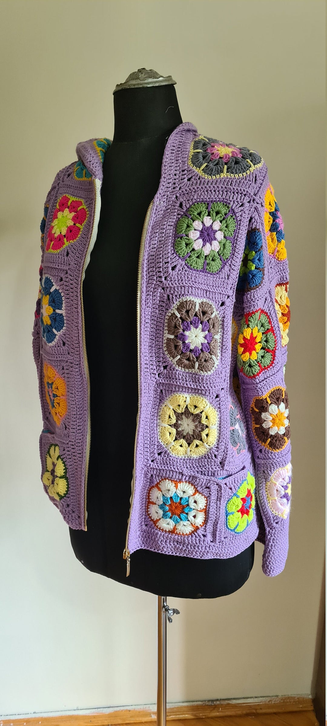 African Flowers Lilac Jacket, Knitted Floral Patchwork Jacket, Knitted Crochet Coat, Hooded Jacket, Boho Cardigan, Oversized Sweater