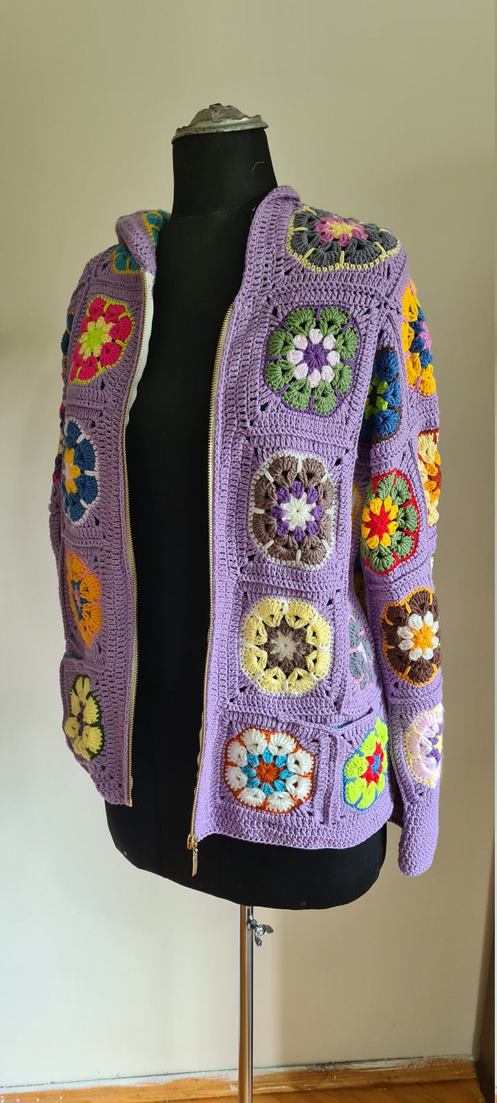 African Flowers Lilac Jacket, Knitted Floral Patchwork Jacket, Knitted Crochet Coat, Hooded Jacket, Boho Cardigan, Oversized Sweater