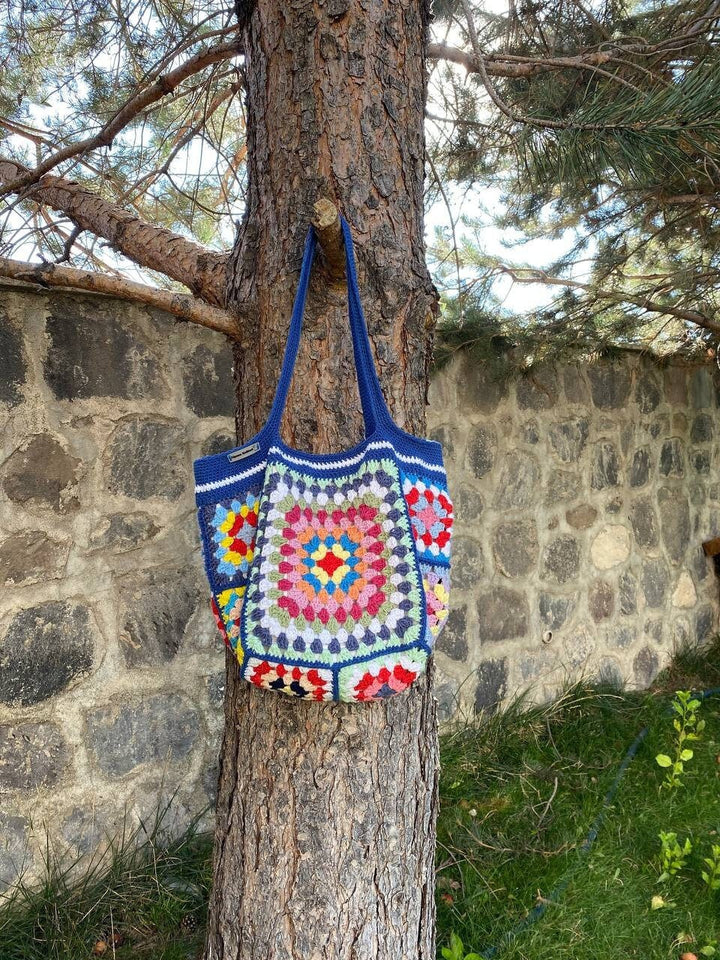 Crochet Bag Afghan, Granny Square Blue Bag, Hobo Bag, Boho Bag, Crochet Purse, Retro Bag, Hippie Bag, Afgan Crochet, Vintage Style