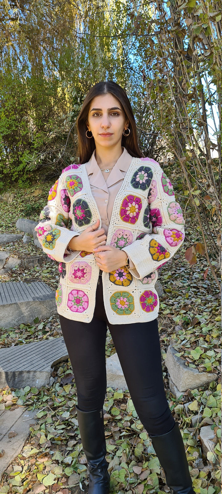 Granny Square Jacket, Crochet Afghan Cardigan, Ecru Knit Cardigan, Flowers Patchwork Jacket, Knitted Crochet Coat, Boho Cardigan