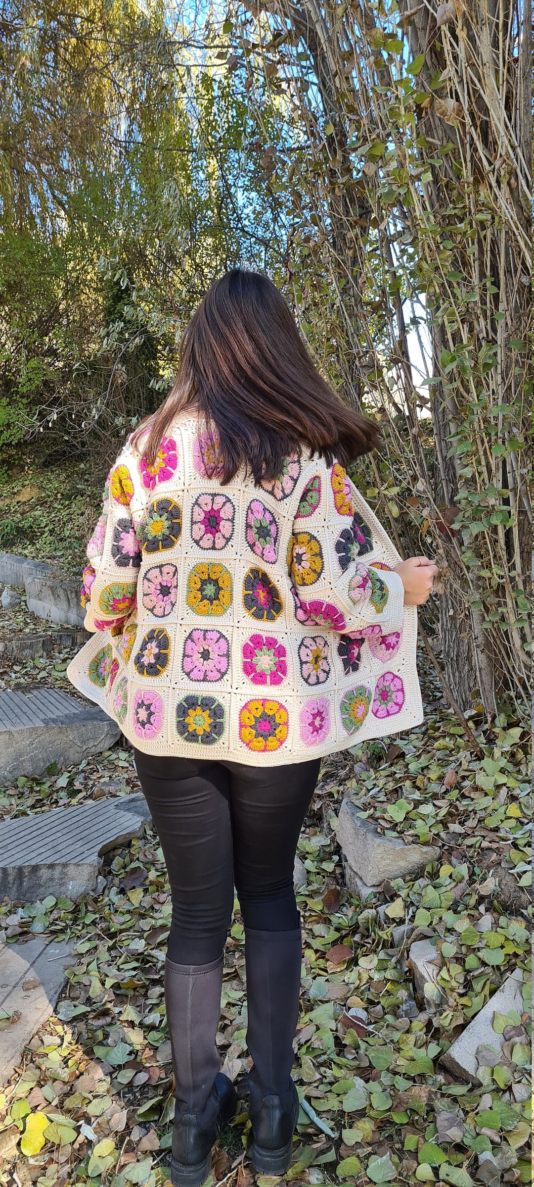 Granny Square Jacket, Crochet Afghan Cardigan, Ecru Knit Cardigan, Flowers Patchwork Jacket, Knitted Crochet Coat, Boho Cardigan