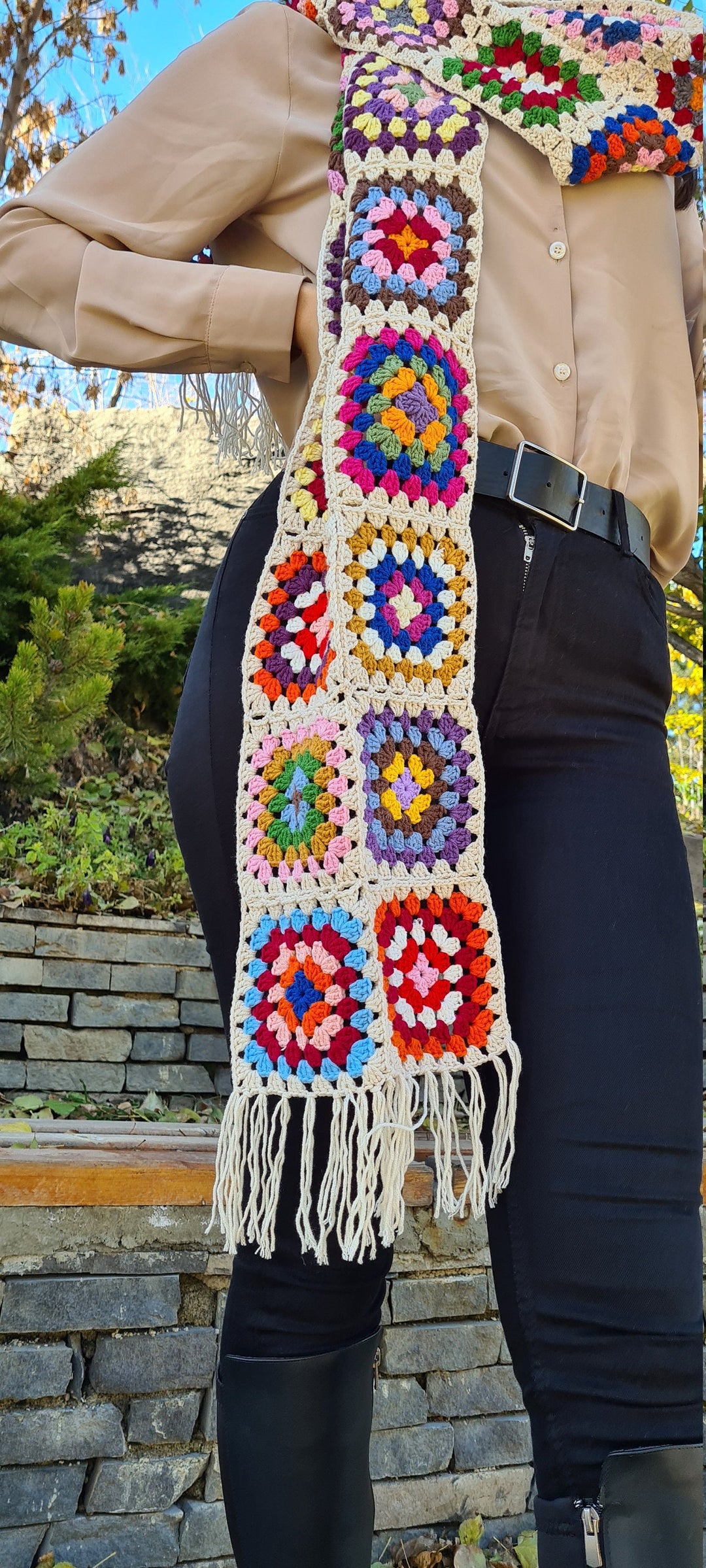 Granny Square Scarf, Crochet Scarf, Crochet White Scarf, Knit Afghan Scarf, Knitted Scarf, Multicolour Scarf, Chiristmas Gifts