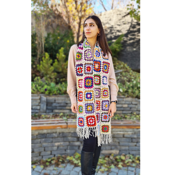 Granny Square Scarf, Crochet Scarf, Crochet White Scarf, Knit Afghan Scarf, Knitted Scarf, Multicolour Scarf, Chiristmas Gifts