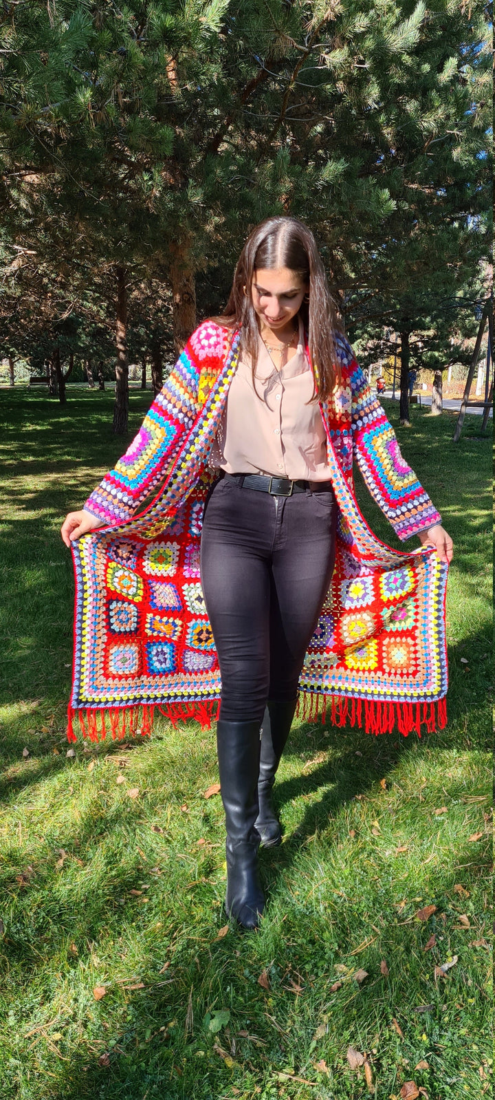 Red Coat Women, Long Women Cardigan, Oversize Crochet Cardigan, Crochet Afghan Cardigan, Granny Square, Long Cotton Patchwork Cardigan