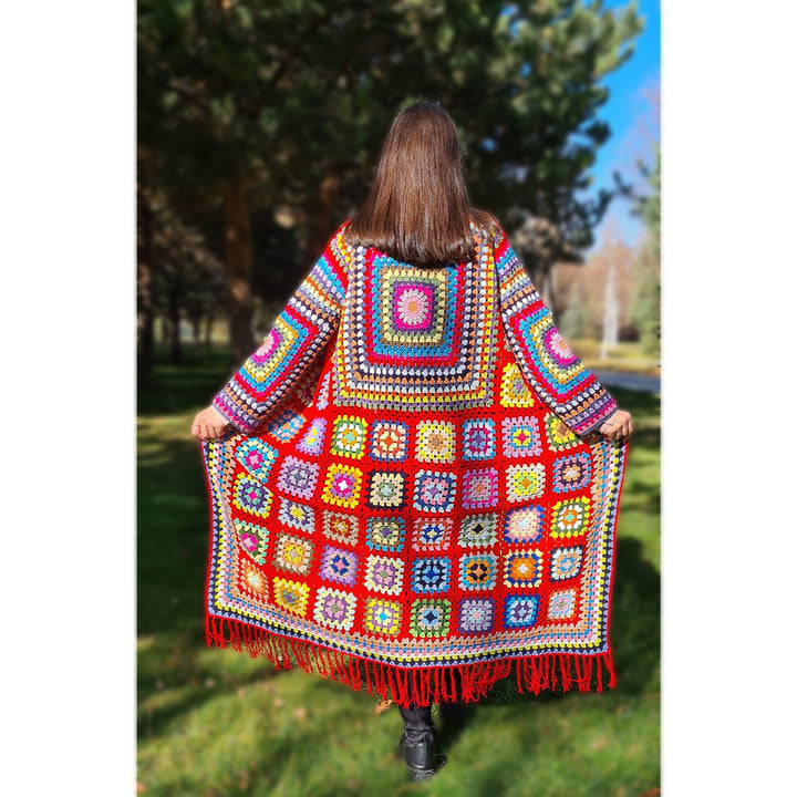 Red Coat Women, Long Women Cardigan, Oversize Crochet Cardigan, Crochet Afghan Cardigan, Granny Square, Long Cotton Patchwork Cardigan