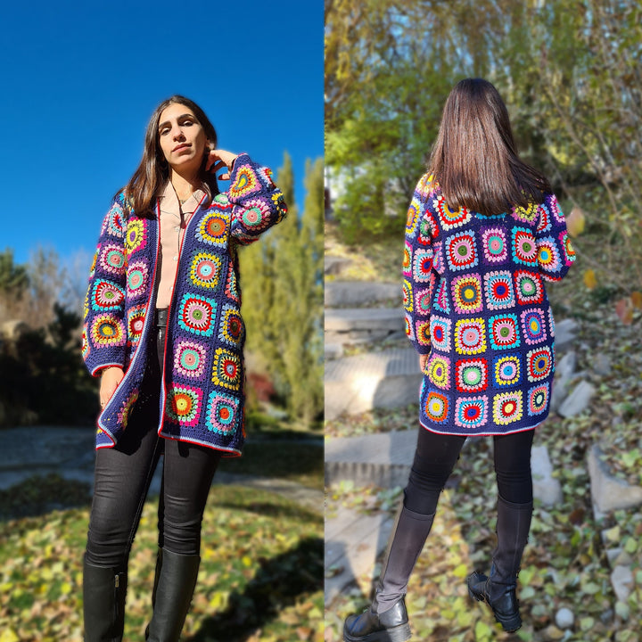 Crochet Afghan Cardigan, Granny Square Coat, Patchwork Jacket, Cotton Cotton coat, Knitted Crochet Coat, Boho Cardigan, Crochet Handmade