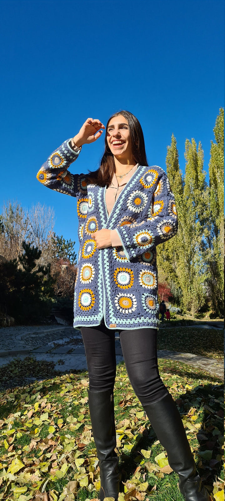 Granny Square Crochet Cotton Cardigan, Crochet Patchwork Jacket, Afghan Coat, Knit Cardigan, Boho Crochet Coat, Knit Crochet Jacket