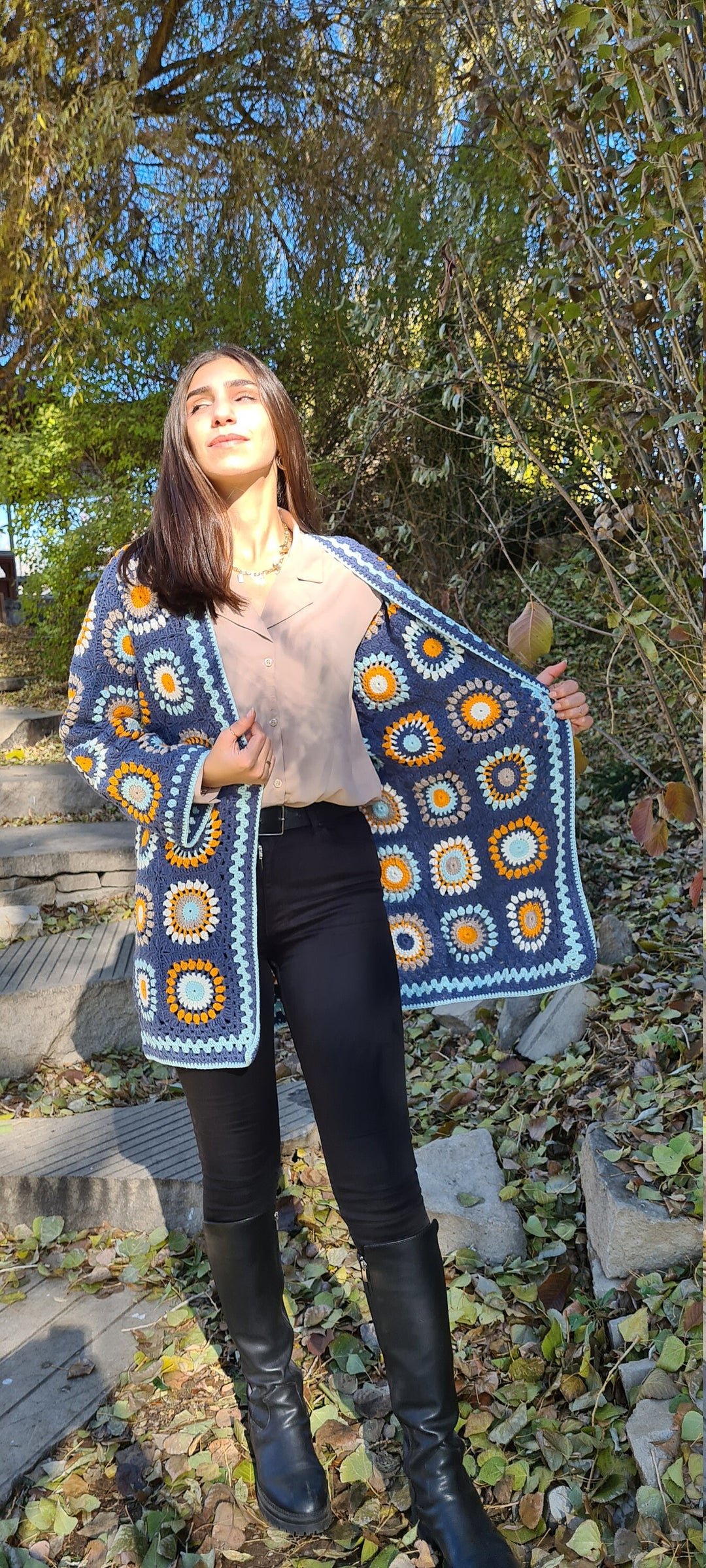 Granny Square Crochet Cotton Cardigan, Crochet Patchwork Jacket, Afghan Coat, Knit Cardigan, Boho Crochet Coat, Knit Crochet Jacket