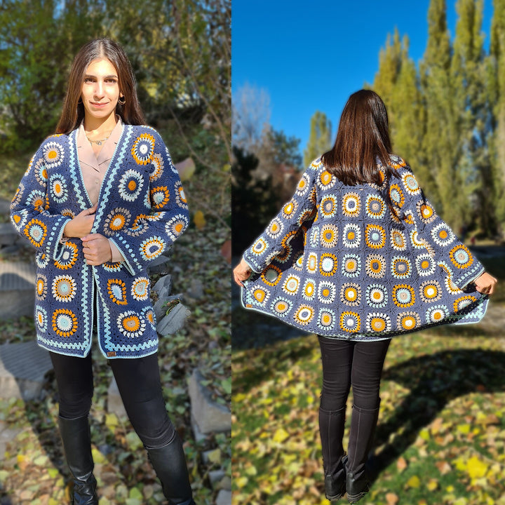 Granny Square Crochet Cotton Cardigan, Crochet Patchwork Jacket, Afghan Coat, Knit Cardigan, Boho Crochet Coat, Knit Crochet Jacket