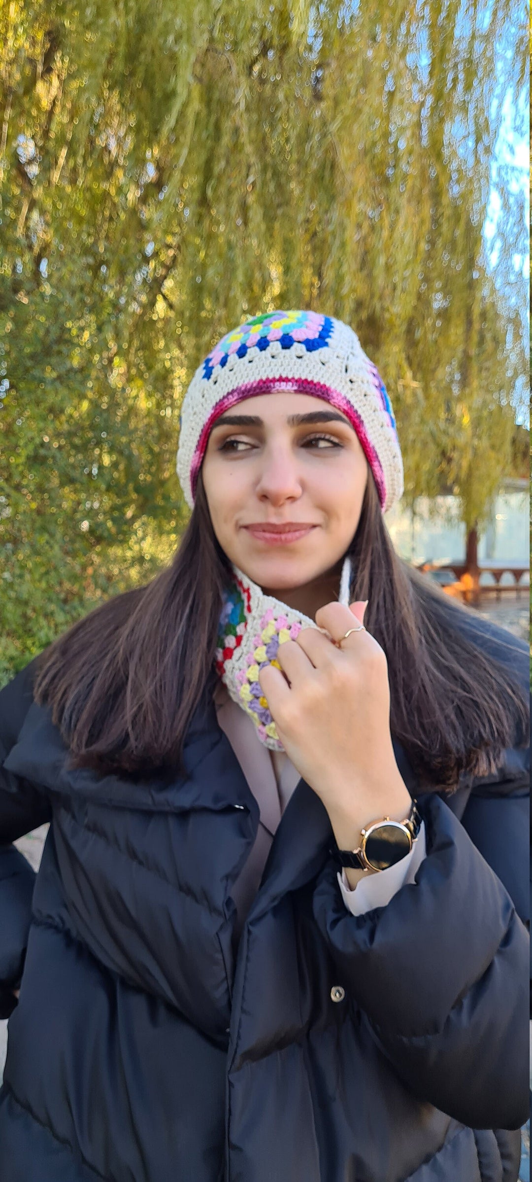 Crochet Beanie, Granny Square Beanie, Pink Crochet Hat, Knit Afghan Beanie, Colorful Knitted beanie , Multicolour Beanie