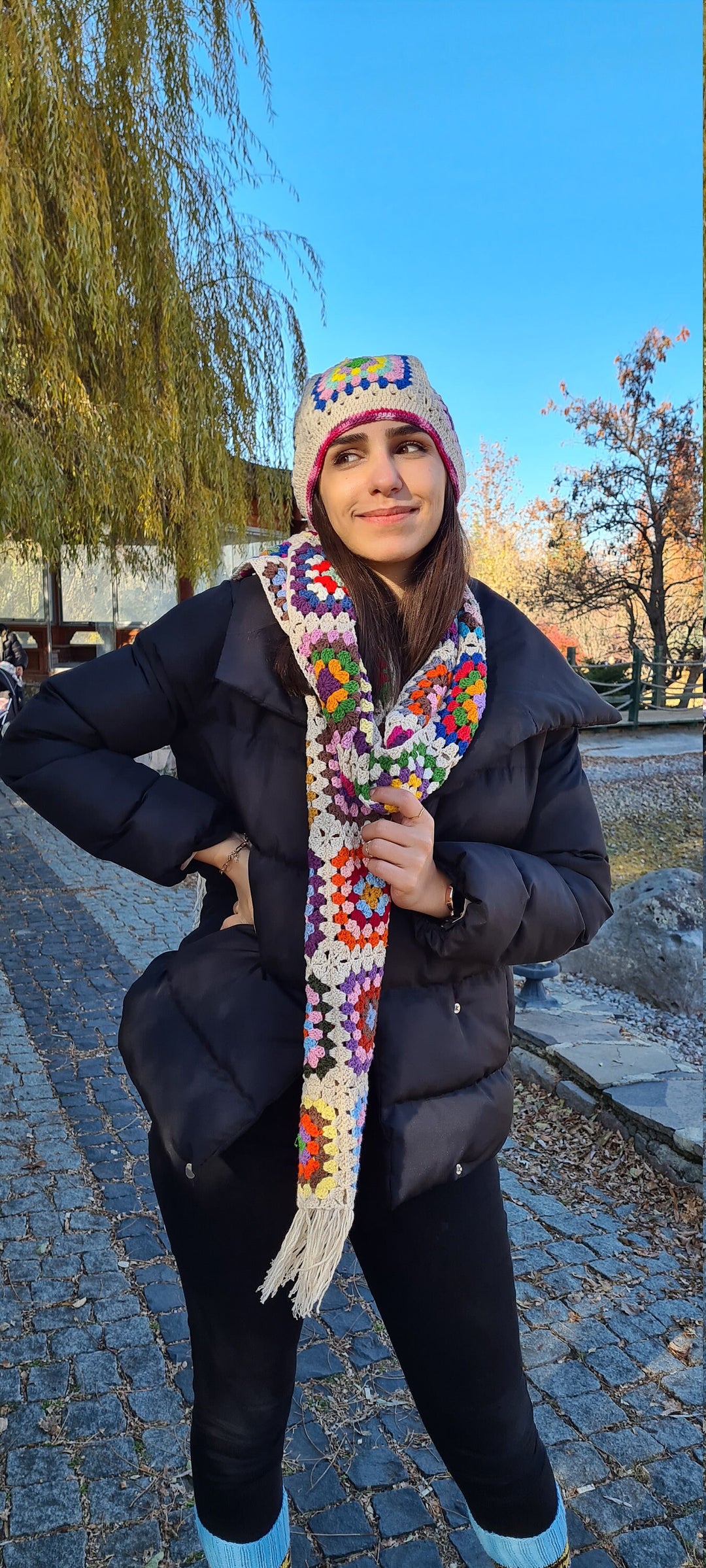 Crochet Beanie, Granny Square Beanie, Pink Crochet Hat, Knit Afghan Beanie, Colorful Knitted beanie , Multicolour Beanie