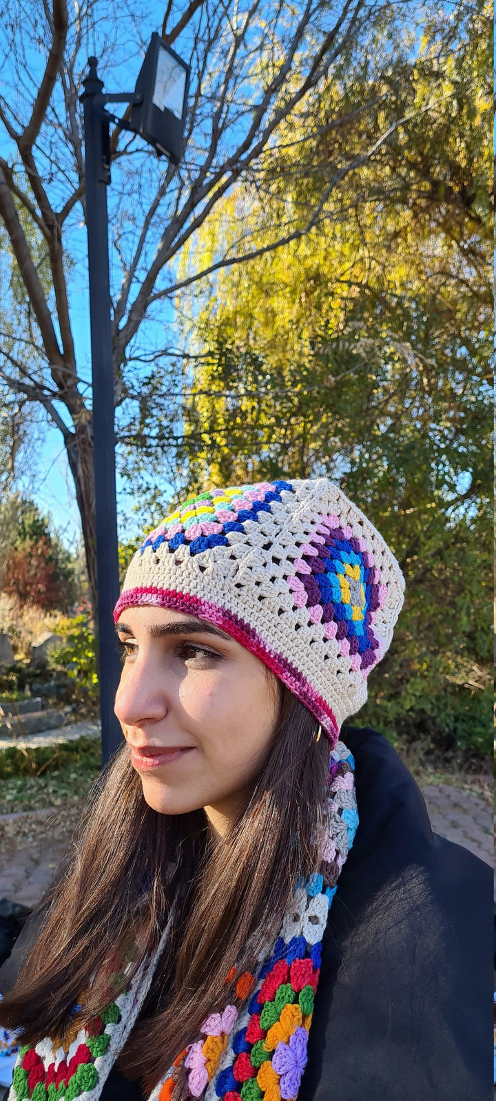 Crochet Beanie, Granny Square Beanie, Pink Crochet Hat, Knit Afghan Beanie, Colorful Knitted beanie , Multicolour Beanie