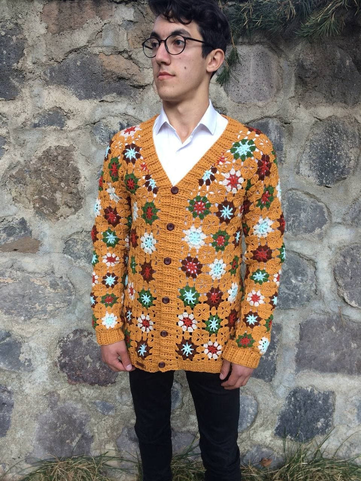 Crochet Men Sweater, Afghan Crochet Cardigan, Hand Knitted Cardigan, Granny Square, Jacket Sweater, Cardigan, Boho Style