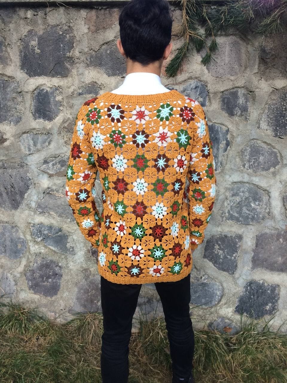 Crochet Men Sweater, Afghan Crochet Cardigan, Hand Knitted Cardigan, Granny Square, Jacket Sweater, Cardigan, Boho Style