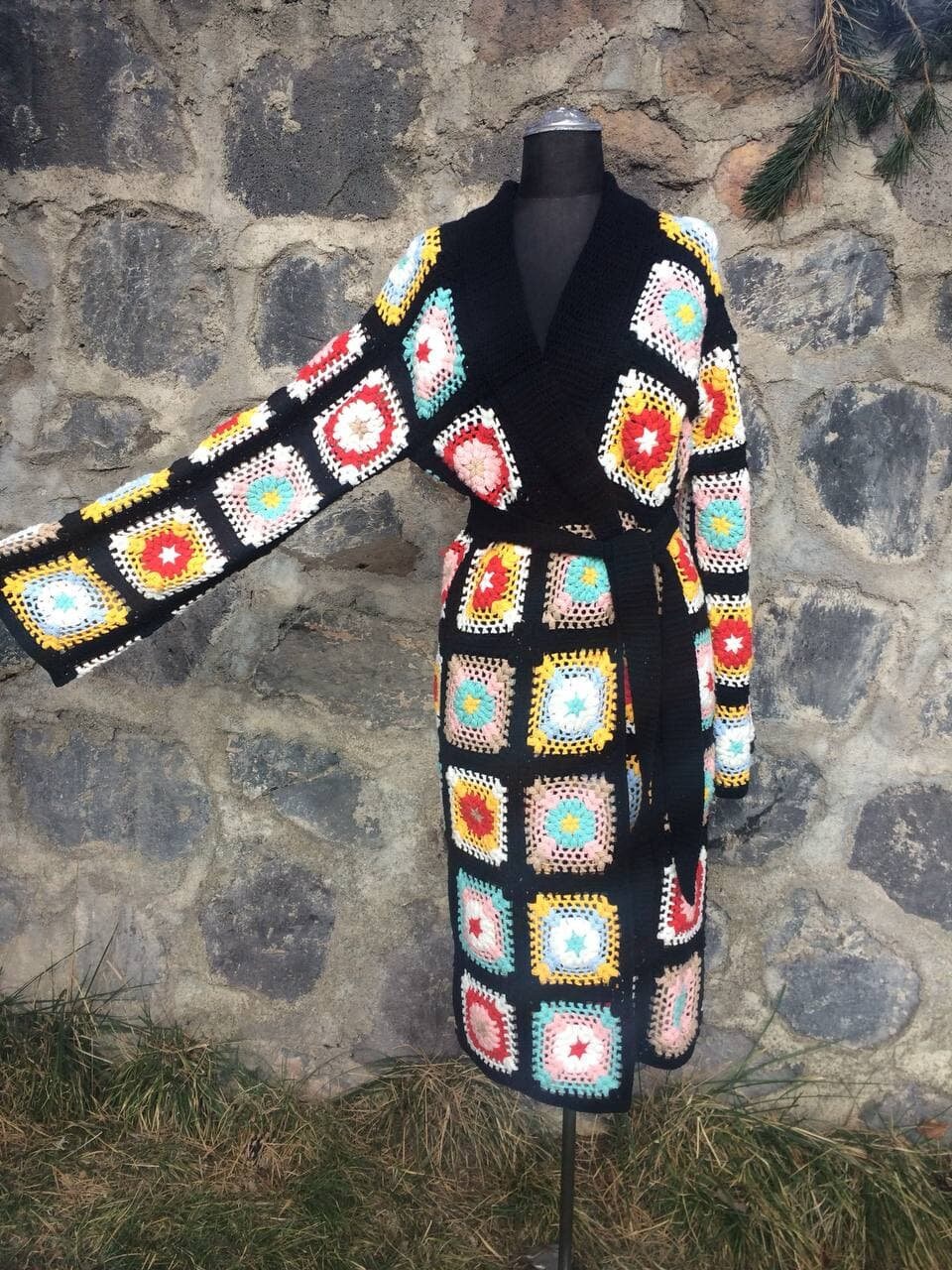 Granny Square Afghan Cardigan, Colorful kaleidoscope of Crochet Blocks, Knitted Crochet Coat, Cotton Patchwork Cardigan, Long Sweater