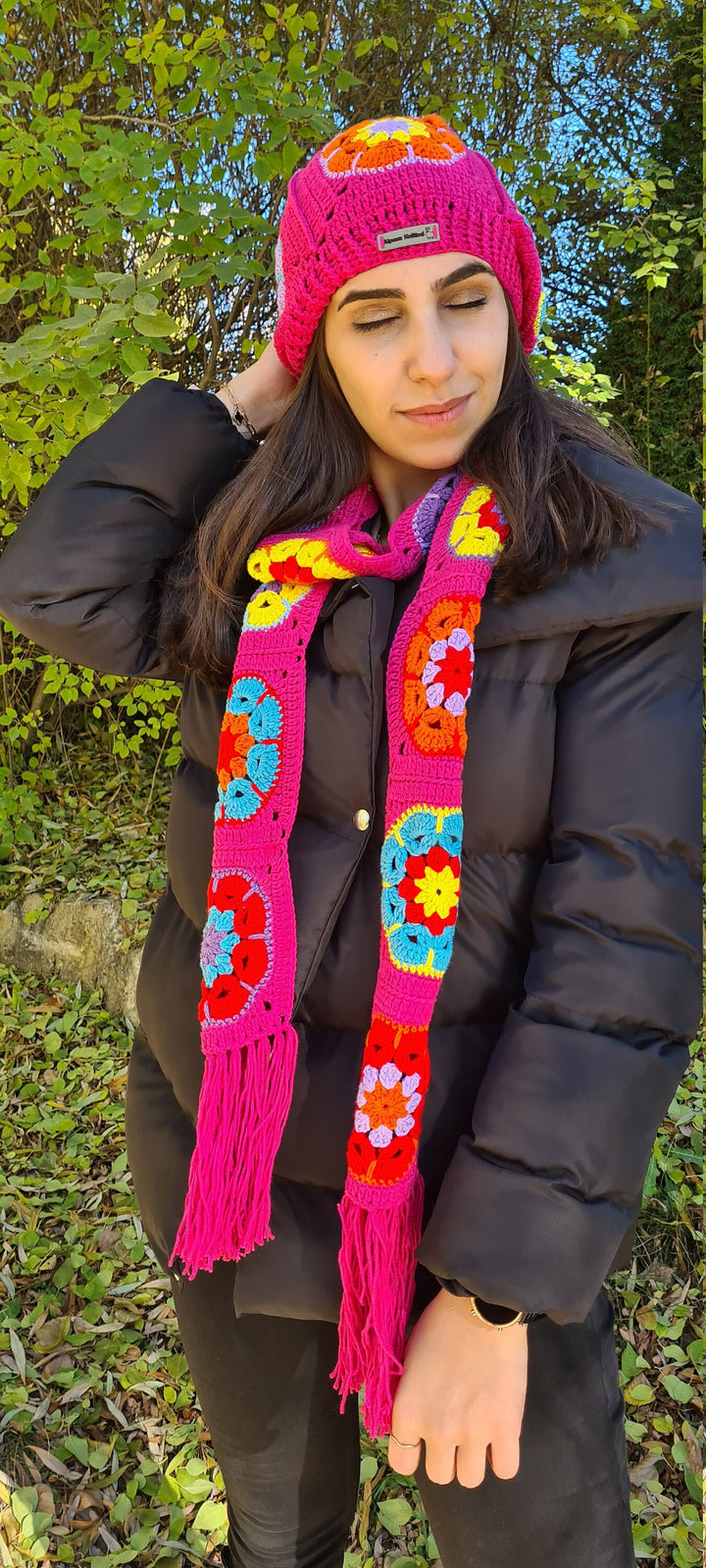 Granny Squares Crochet Scarf, Knit Afghan Scarf, Pink Crochet Scarf, Knitted Scarf, Multicolour Scarf, christmas Gift