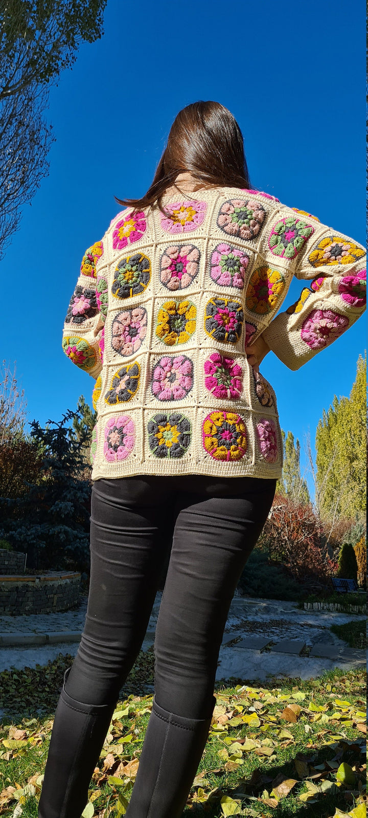 Granny Square Jacket, Crochet Afghan Cardigan, Ecru Knit Cardigan, Flowers Patchwork Jacket, Knitted Crochet Coat, Boho Cardigan