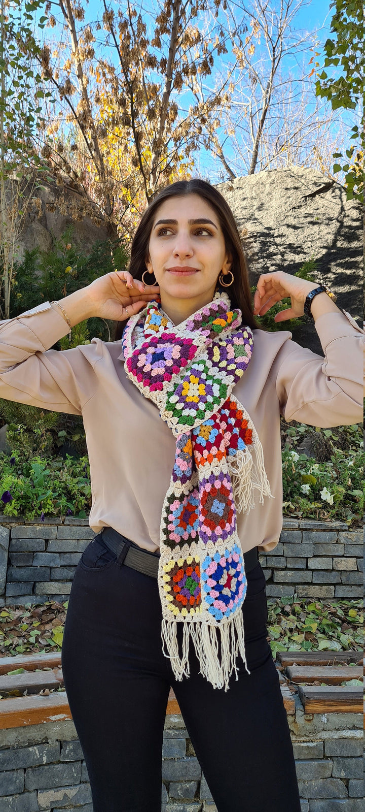 Granny Square Scarf, Crochet Scarf, Crochet White Scarf, Knit Afghan Scarf, Knitted Scarf, Multicolour Scarf, Chiristmas Gifts