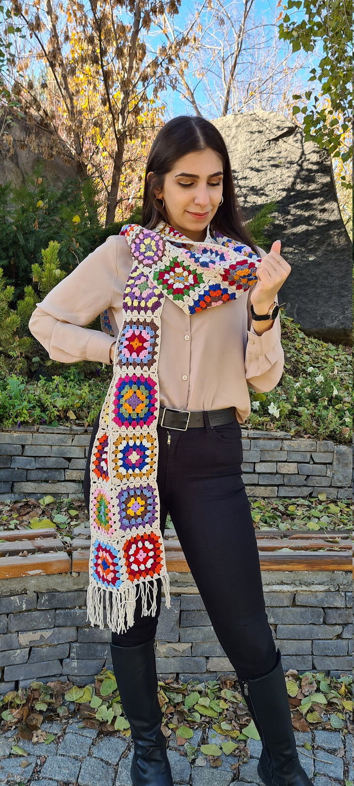 Granny Square Scarf, Crochet Scarf, Crochet White Scarf, Knit Afghan Scarf, Knitted Scarf, Multicolour Scarf, Chiristmas Gifts