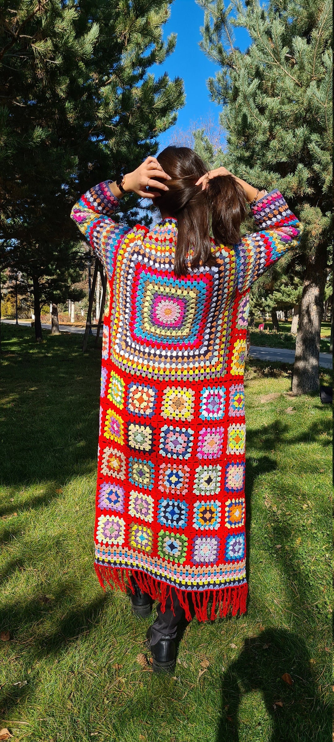 Red Coat Women, Long Women Cardigan, Oversize Crochet Cardigan, Crochet Afghan Cardigan, Granny Square, Long Cotton Patchwork Cardigan