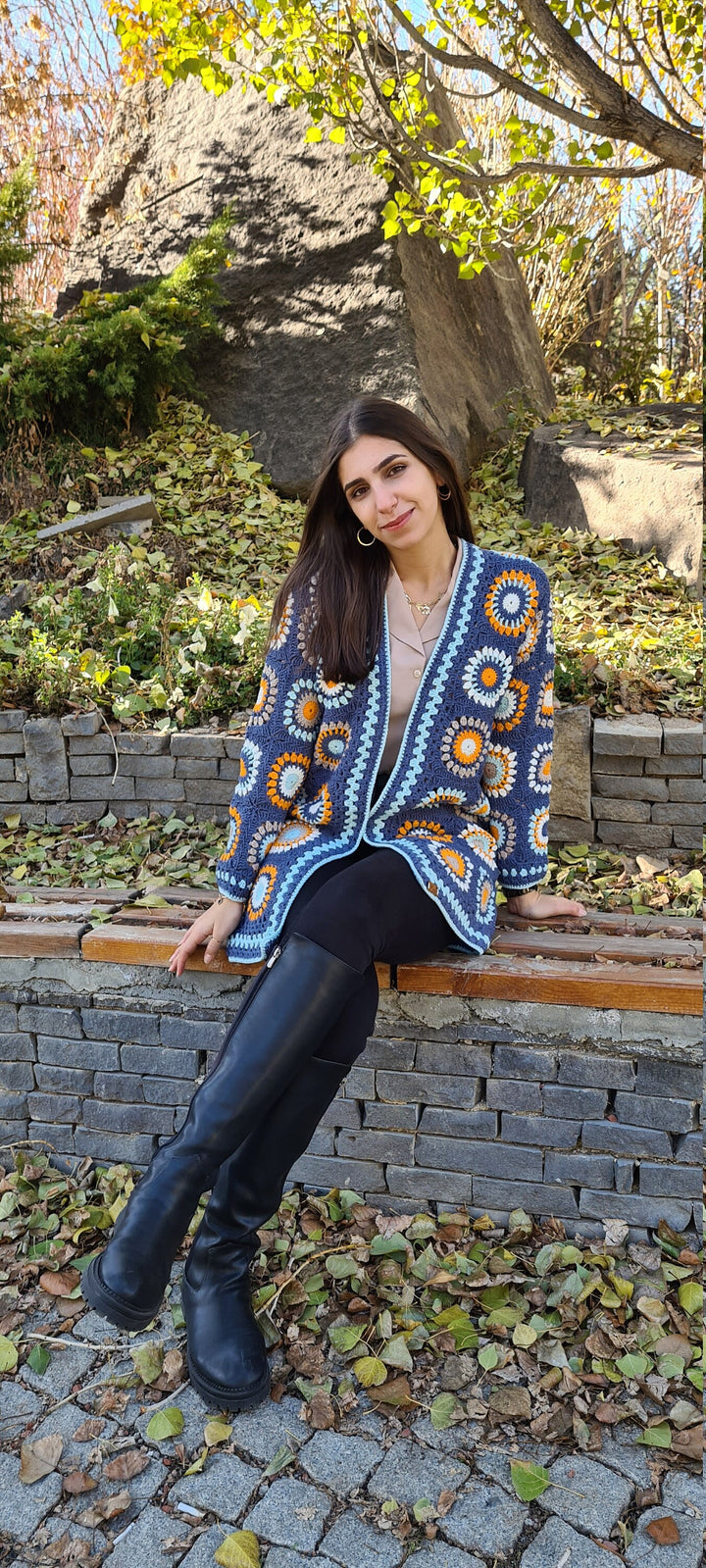 Granny Square Crochet Cotton Cardigan, Crochet Patchwork Jacket, Afghan Coat, Knit Cardigan, Boho Crochet Coat, Knit Crochet Jacket