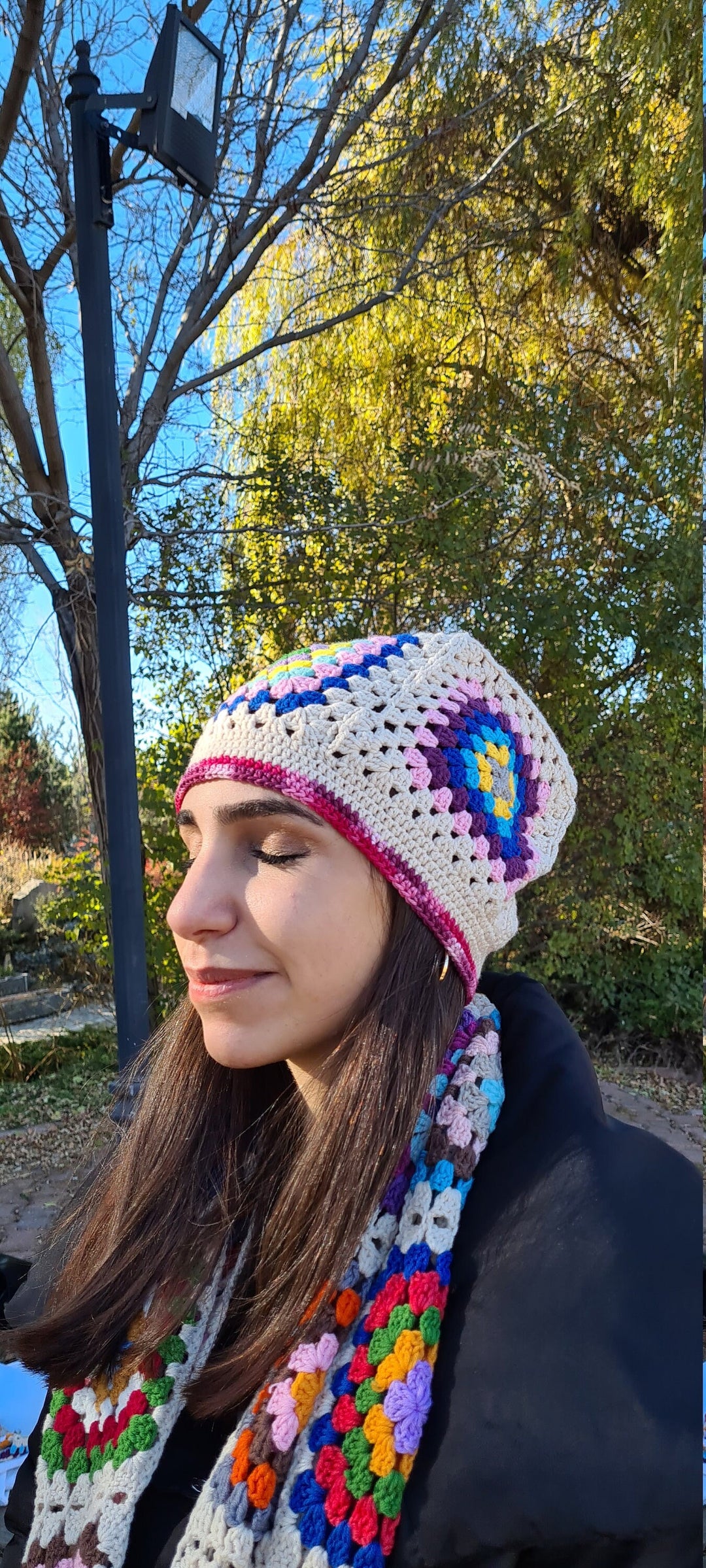 Crochet Beanie, Granny Square Beanie, Pink Crochet Hat, Knit Afghan Beanie, Colorful Knitted beanie , Multicolour Beanie