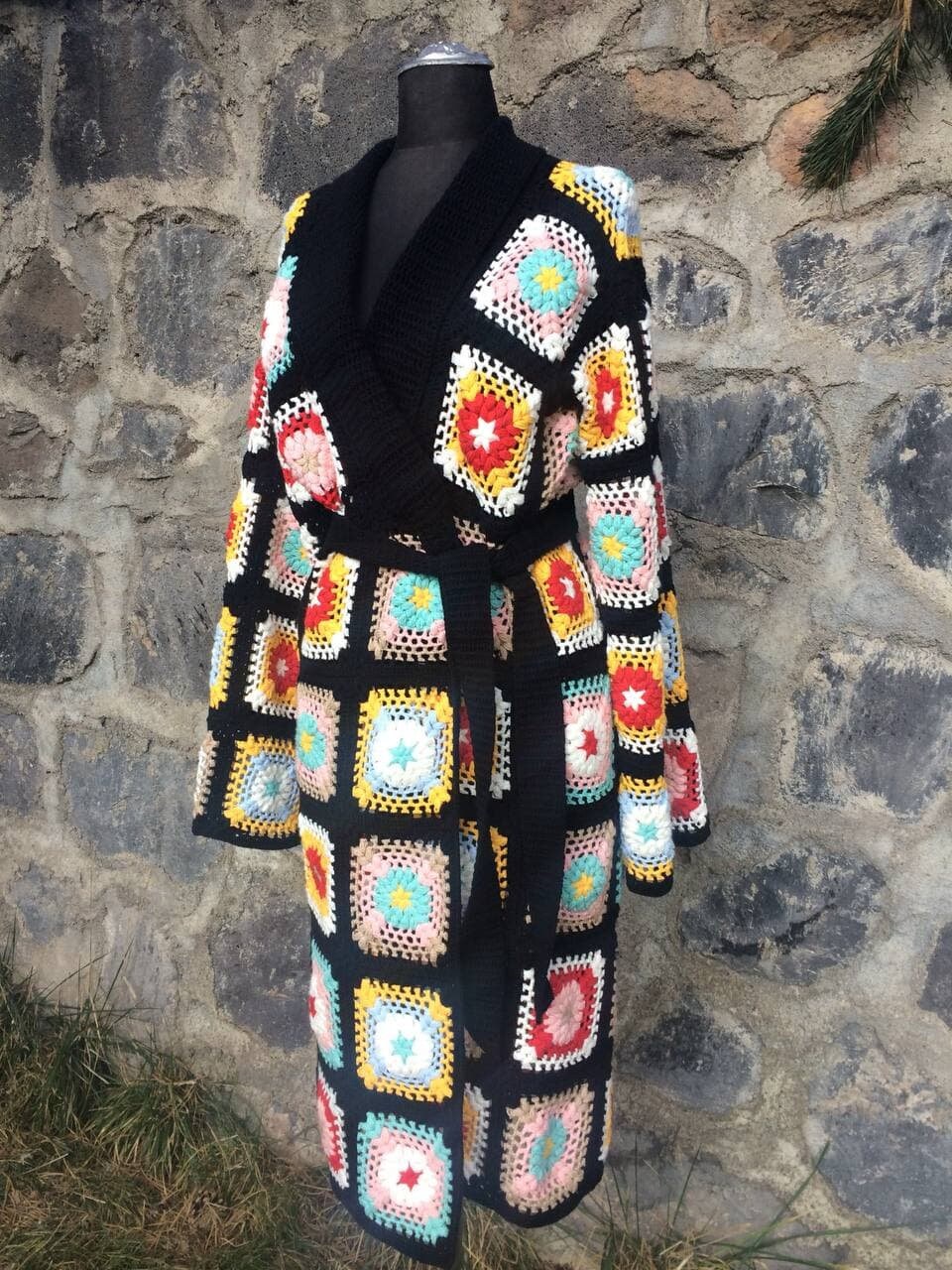 Granny Square Afghan Cardigan, Colorful kaleidoscope of Crochet Blocks, Knitted Crochet Coat, Cotton Patchwork Cardigan, Long Sweater